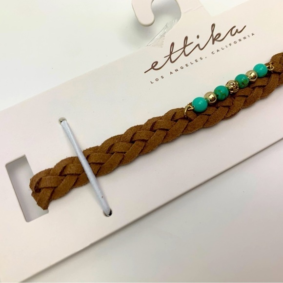 NWT Ettika brown braided leather choker necklace turquoise beads - Picture 1 of 4